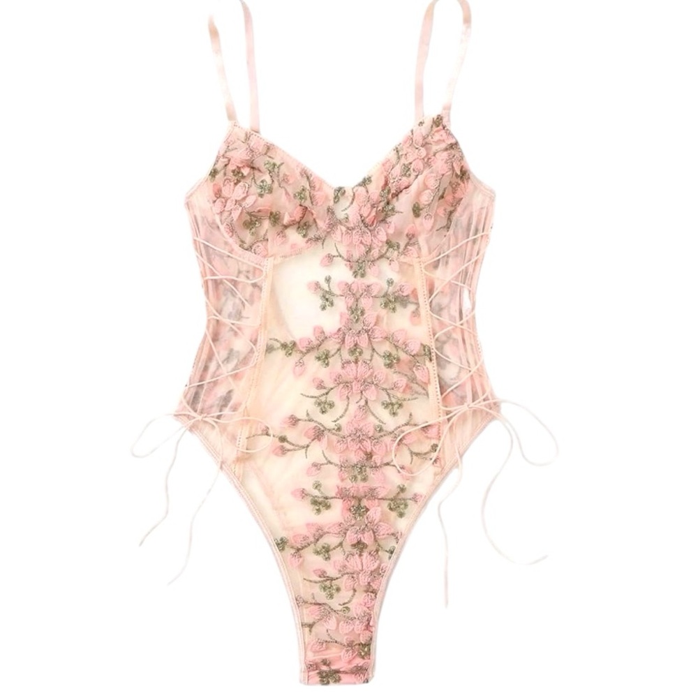 Lilosy Women Sexy Lace Up Floral M Embroidered Teddy Lingerie Bodysuit Sheer One